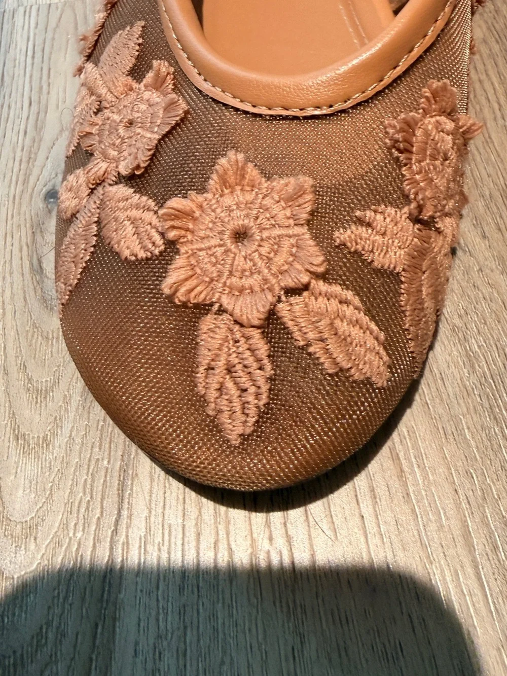 Pink/Brown Mesh Floral embroidered Ballet Flats with Ankle Tie